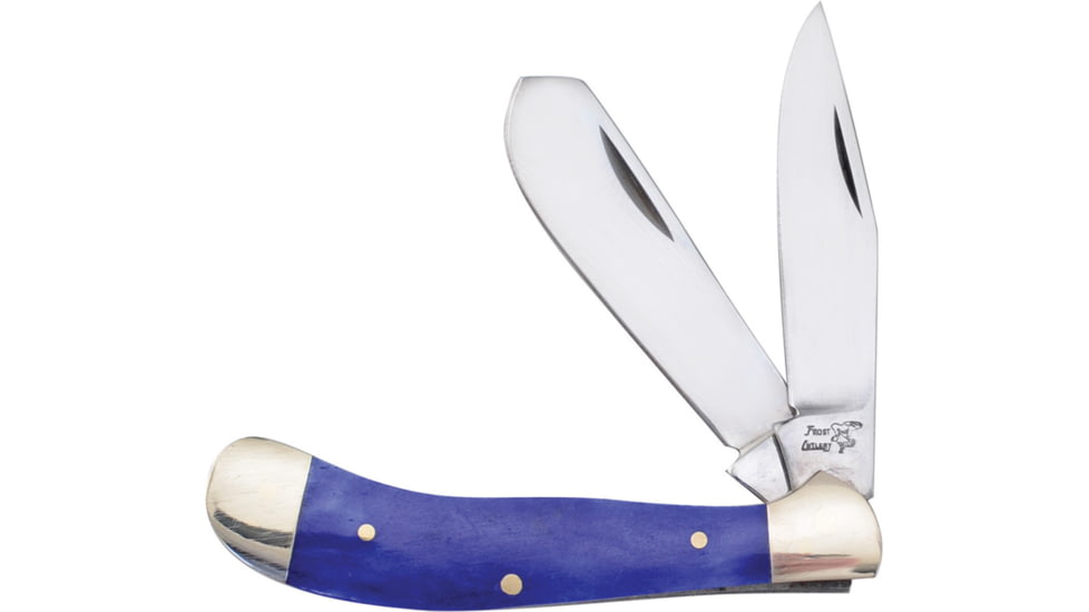 Frost Little Saddlehorn Blue Folding Knife, 3.25in Closed, Mirror Stainless Clip/Skinner Blades, Blue Smooth Bone Handle, 14-096BLSB