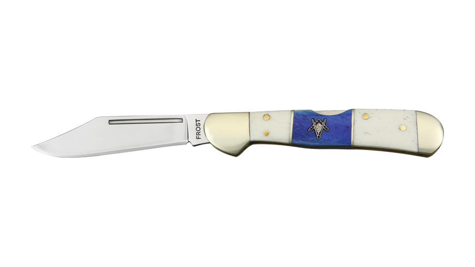 Frost Masonic Midlock Folding Knife, 2.625in, Stainless Clip Blade, White/Blue Smooth Bone Handle FMAS165WBW