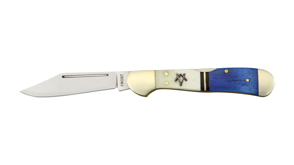 Frost Masonic Midlock Folding Knife,Stainless Clip Blade, Blue/White Smooth Bone Handle FMAS165