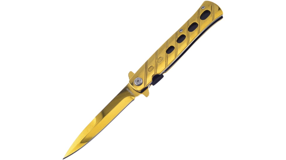 Frost Milano Stiletto Gold TiNi A/O Folding Knife, 5in Closed, 4in, Gold TiNi Blade, Gold TiNi Stainless Handle, IS-005GD