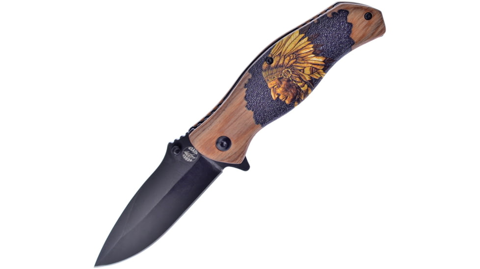 Frost Native American Linerlock A/O Folding Knife, 3.5 black finish stainless blade, Pakkawood handle, OC-04IN