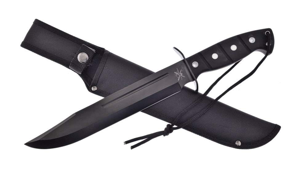 Frost Operation Bowie Knife, 10 black finish stainless clip point blade, Black rubber handle, TX-0005