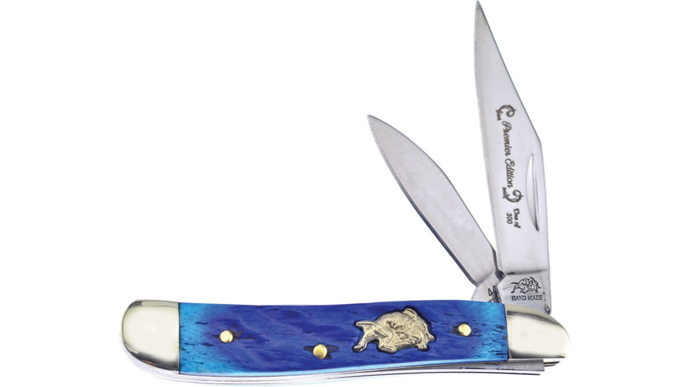 Frost Peanut Blue Jig Bone Bulldog Folding Knife, Mirror SS Clip/Pen Blades, Blue Jigged Bone Handle, Nickel Silver Bolster, Blue, BDG-107DBJB