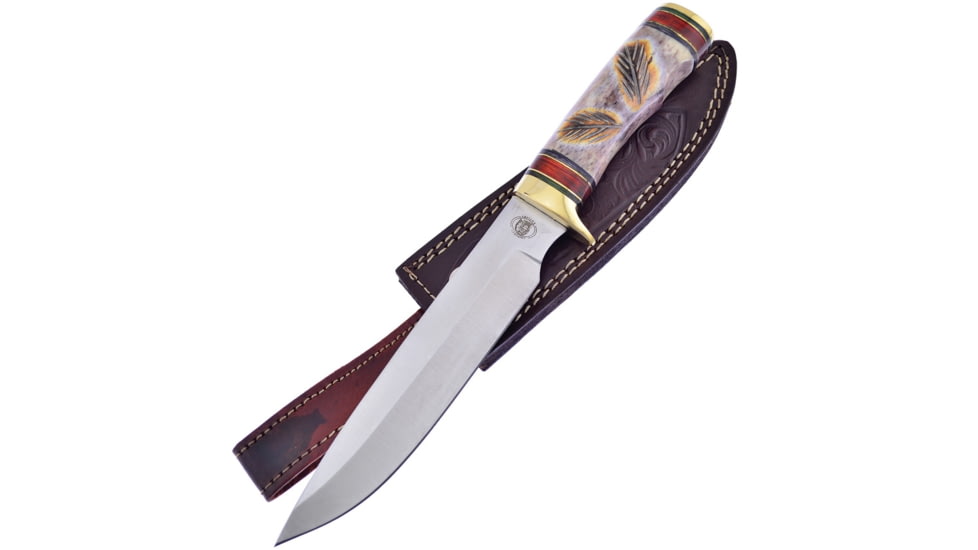 Frost Red Plains Chief Bowie Knife, Chipaway, 11.5in Overall, 6.5in Satin SS Drop Point, Brass Guard, Carved Bone And Pakkawood Handle, Brown Leather Sheath, CW-3992IN