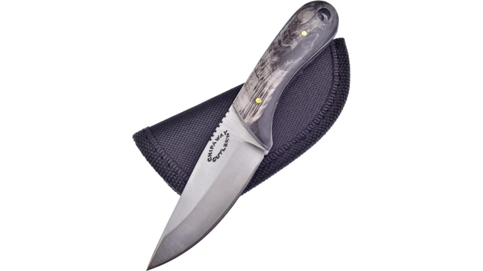 Frost Skinner Buffalo Horn Knife, Chipaway, 5.75in Overall, 2.75in Satin SS Blade, Buffalo Horn Handle, Black Nylon Sheath, CW-007BH