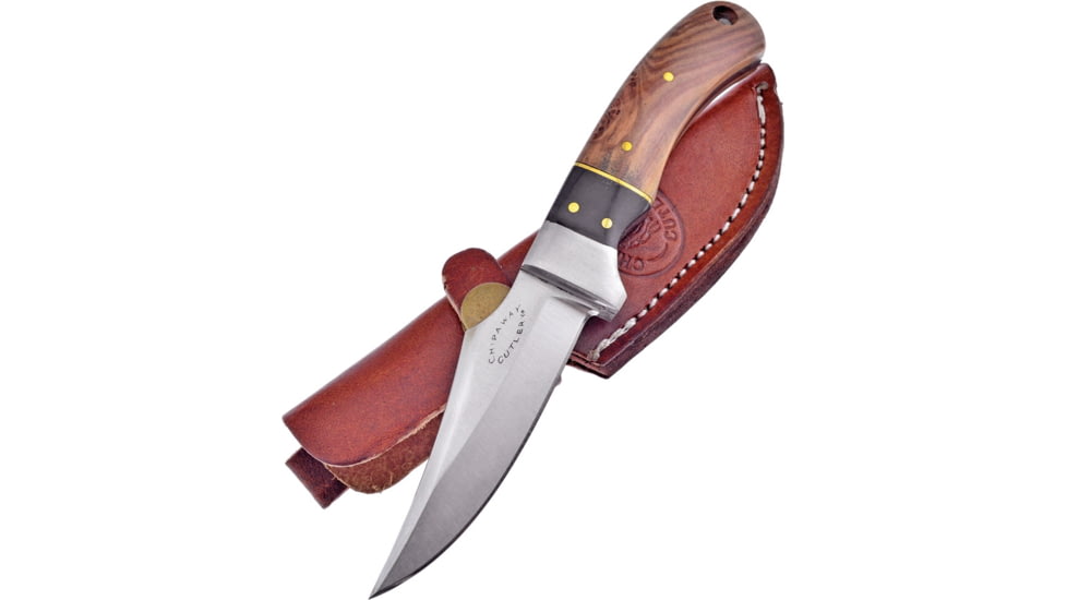 Frost Skinner Olive Buffalo Knife, Chipaway, 7.25in Overall, 3.5in Satin SS Blade, SS Guard, Olive Wood And Buffalo Horn Handle, Brown Leather Sheath, CW-008O/BH