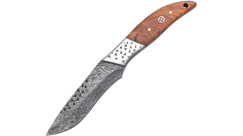 Frost Olive Wood Skinner Knife, 8in Overall, 3.75in, Damascus Steel Blade, Olive Wood Handle, Leather Sheath, VFD-78OW