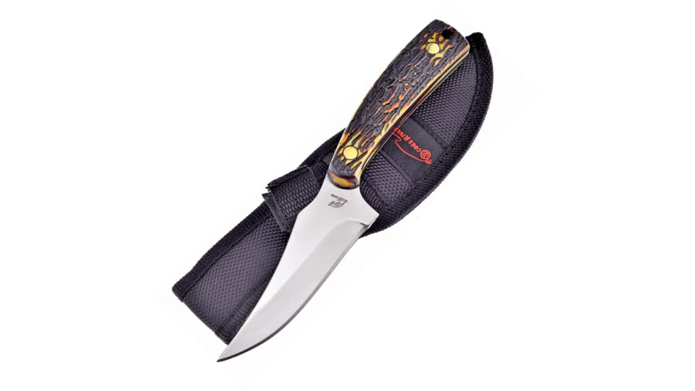 Frost Skinner Stag Bone Resin Knife, Ocee River, 7in Overall, 3.25in Satin SS Clip Point Blade, Imitation Stag Handle, Black Nylon Sheath, OC-534SBR