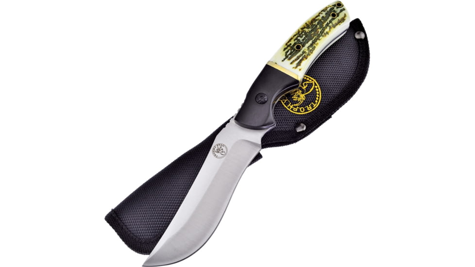 Frost Small Bowie Knife, Trophy Stag, 9in Overall, 4.25in Satin SS Blade, Imitation Stag And Black Pakkawood Handle, Black Nylon Sheath, TS-002