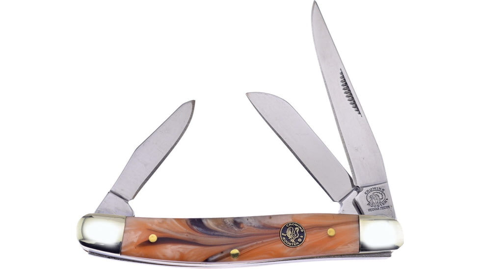 Frost Stockman Gold Resin Crowing Rooster Folding Knife, Mirror SS Clip/Sheepsfoot/Spey Blades, Gold Resin Handle, Nickel Silver Bolster, Inlay Shield, Gold, CR-509CG