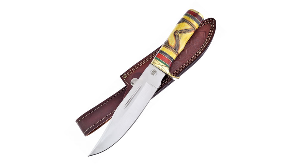 Frost Sun Dancer II Bowie Knife, 7 satin finish stainless blade, Yellow bone handle with black, brown, and green pa, CW-610YB