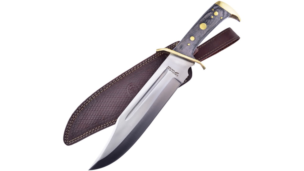 Frost Sunrise Bowie Knife, 16.5in Overall, 11in Satin SS Clip Point Blade, Black Pakkawood Handle, Brass Guard, Brown Leather Sheath, HK00216