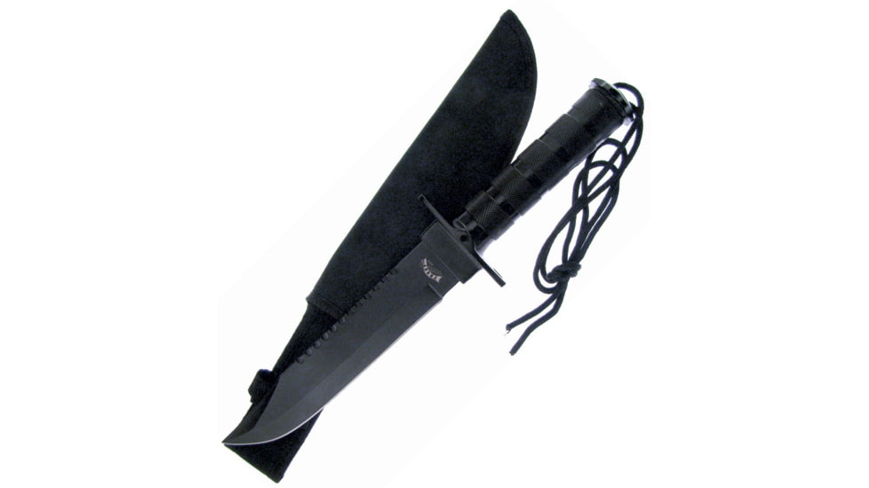 Frost Black Survival Knife, 14in Overall, 7.5in, Black SS Clip Point/Sawback Blade, Black Aluminum Handle, Nylon Sheath, HK6080-145B
