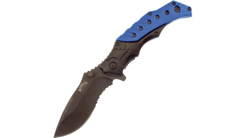 Frost Tactical Linerlock Blue A/O Folding Knife,3.5in,Partially Serrated,Black and Blue,Aluminum Handle F18412BL