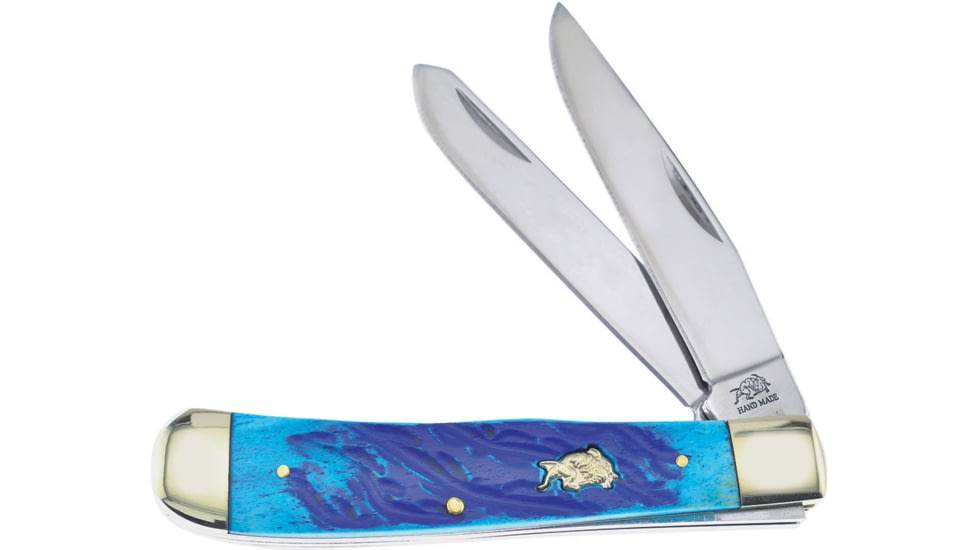 Frost Trapper Blue Bone Bulldog Folding Knife, Mirror SS Clip/ Spey Blades, Blue Jigged Bone Handle, Nickel Silver Bolster, Blue, BDG-108DBJB