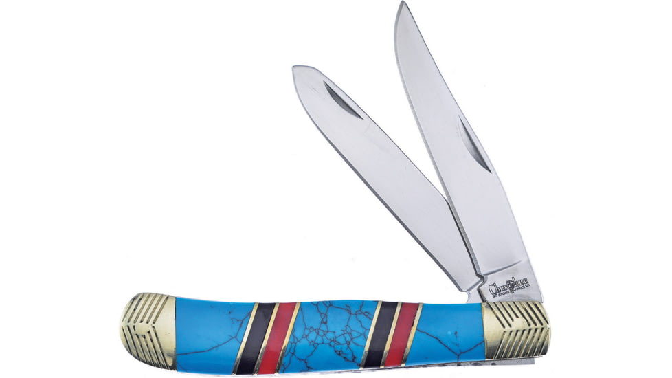 Frost Trapper Turquoise Folding Knife, Mirror finish stainless clip and spey blades, Turquoise, black, and red synthetic handle, CSW-108BL/F