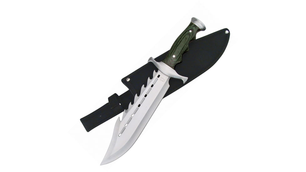 Frost Ultimate Warrior Bowie Fixed Blade Knife, 15in Overall, 9.5in Satin SS Clip Point Blade, Black Finger Grooved Pakkawood Handle, SS Guard And Pommel, Black Nylon Belt Sheath, Black, 18-171BPW