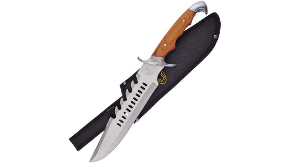 Frost Undertaker III Fixed Blade Knife, 16.25in Overall, 10in, Satin Sawback SS Blade, Brown Pakkawood Handle, Nylon Sheath, 16-949CB