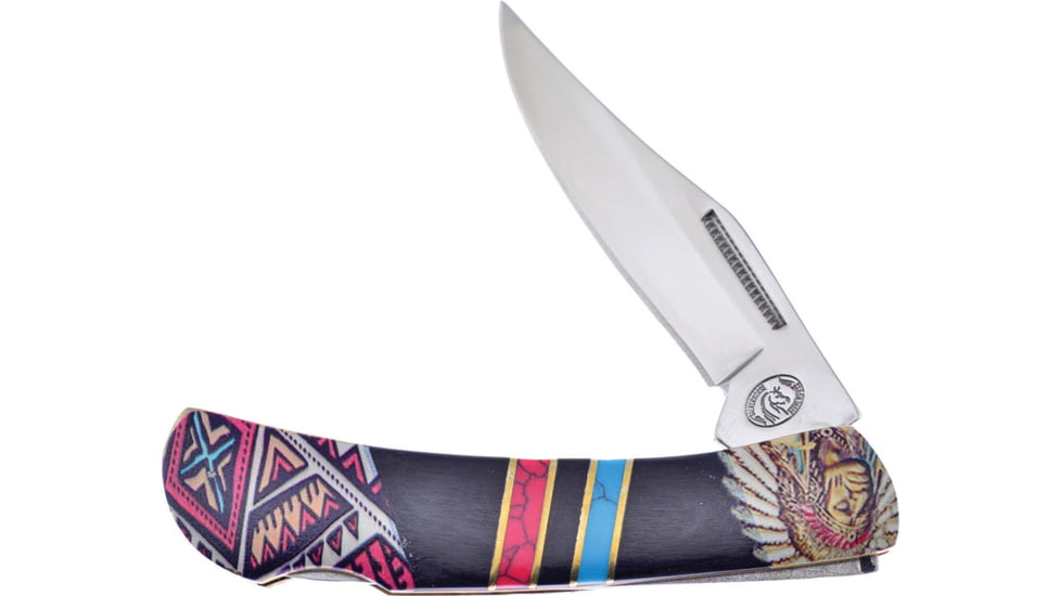 Frost Warrior Folding Knife, Black wood and red and blue turquoise handle with , SHS-123BRB