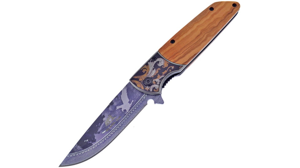 Frost Wildlife Eagle Wood A/O Folding Knife, 4.75in Closed, 3.75in, Stainless Blade, Olive Wood Handle, BKH-019E