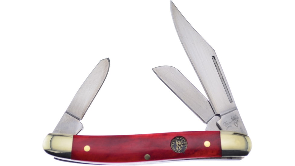 Frost Wrangler Red Bone Folding Knife, Satin SS Clip/Sheepsfoot/Spey Blades, Red Smooth Bone Handle, TS-797RSB