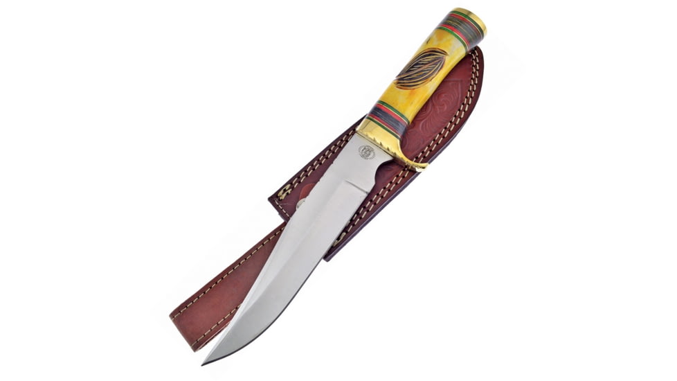 Frost Young Deer Bowie Yellow Bone Knife, Chipaway, 12.25in Overall, 7.25in Satin SS Clip Point Blade, Brass Guard, Yellow Bone And Pakkawood Handle, Brown Leather Sheath, CW-601YB