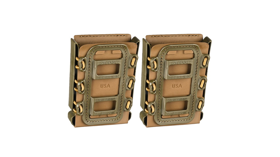 G-Code Soft Shell Scorpion Magazine Carrier Pack of 2, Rifle, R1/R2/R3 Molle and Belt Mounts, Ambidextrious, Green On Tan, OD Green Frame/Tan Shell, Rifle, SS-R1-2PK-123-GNTN