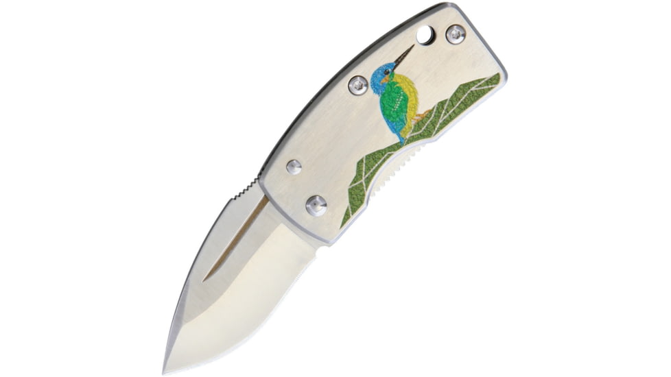 G.Sakai Money Clip Framelock Bird Folding Knife, 1.63in Satin Vg-10 SS Drop Point, Satin SS Handle, Pocket Clip, Bird Handle Artwork, Boxed With Hanging Tab, 11167