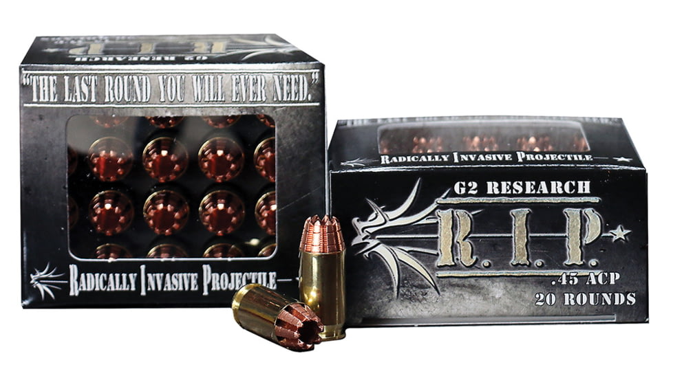 G2 Research Ammunitions RIP, .45 ACP, 162 Grain, HP, Brass Case, Centerfire Pistol Ammo, 20 Rounds Box, RIP 45 ACP