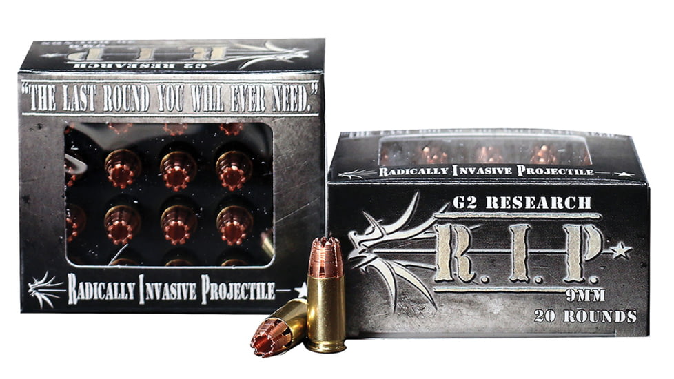 G2 Research Ammunitions R.I.P. 9mm Luger 92 Grain Hollow Point Brass Cased Pistol Ammo, 20 Rounds, RIP 9MM
