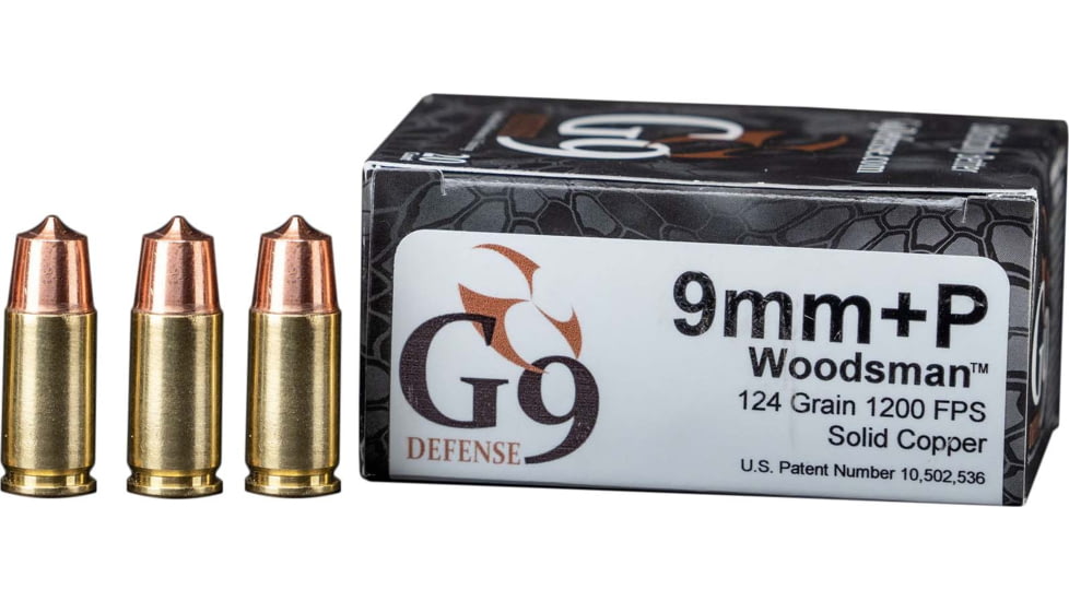 G9 Defense Woodsman 9mm+P 124 Grain Copper Solid Brass Cased Pistol Ammo, 20 Rounds, WM-9MM-124A