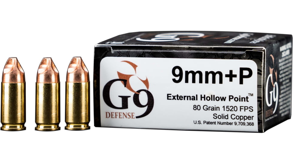 G9 Defense 9mm +P 80 Grain Hollow Point Brass Cased Pistol Ammo, 20 Rounds, E-9MMP-80A
