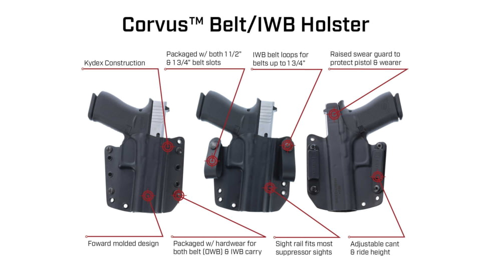 Galco Corvus Belt/IWB Kydex Holster, Glock 17/19/19X/22/23/31/32/45, Streamlight TLR-1, Right, Black, CVS868RB