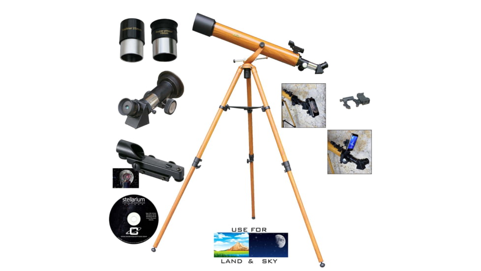 Galileo 800mm x 60mm Erect Image Prism Refractor Telescope w/ Smartphone Adapter, Wood Grain, SS-G860WG
