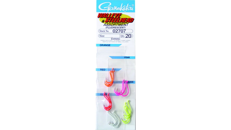 Gamakatsu 0 Fluorescent Walleye and Steelhead Hook Assortment, Forged, Octopus, Red/Pink/Orange/Chartreuse/Glow, Size 2, 20 per Pack, 2709