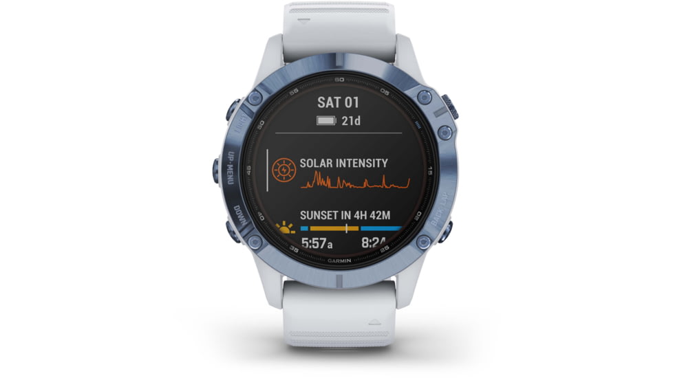 Garmin Fenix 6 Pro Solar Watch, Mineral Blue w/Whitestone band, 010-02410-18