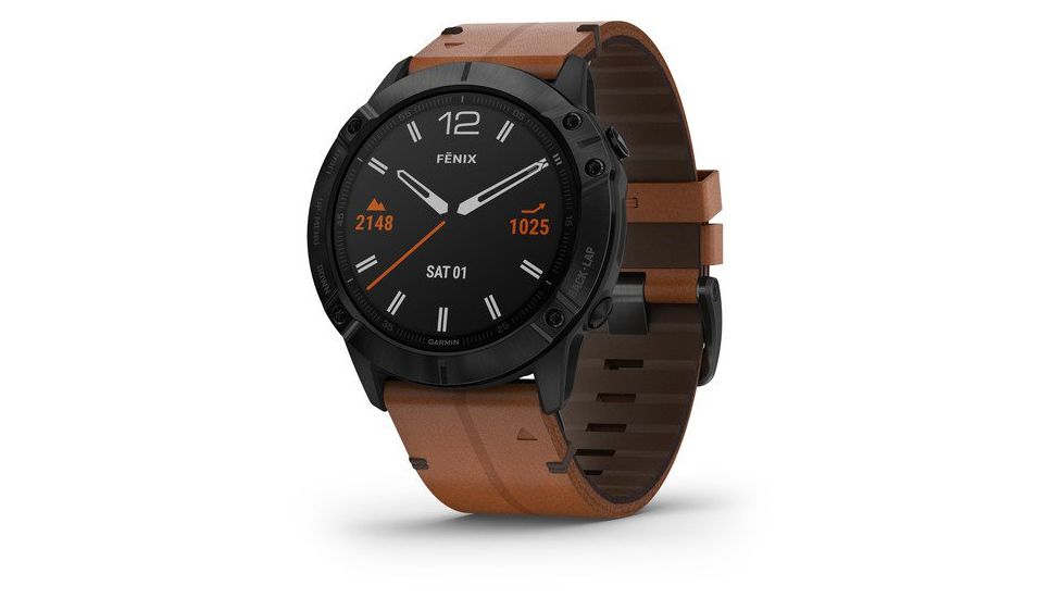 Garmin Fenix 6X Sapphire Multisport GPS Smartwatch, Black DLC w/Brown Leather Band, 010-02157-13