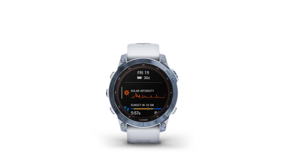 Garmin Fenix 7 Sapphire Solar Watch, Mineral Blue DLC Titanium Case, Whitestone Band, 010-02540-24