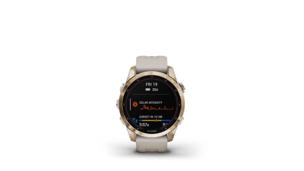 Garmin Fenix 7S Sapphire Solar Watch, Cream Gold Titanium Case, Sand Band, 010-02539-20