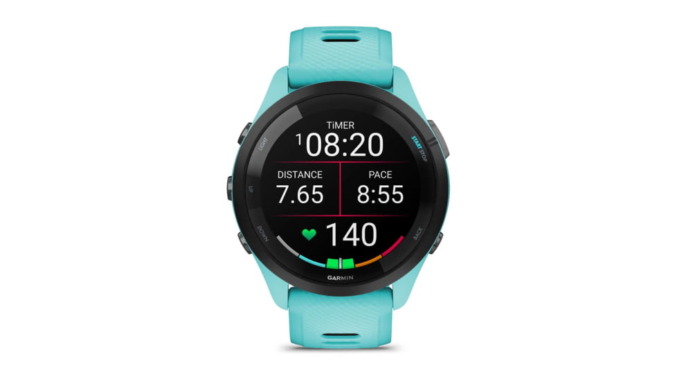 Garmin Forerunner 265 Watch, Black Bezel w/ Aqua Case and Aqua/Black Silicone Band, 010-02810-02