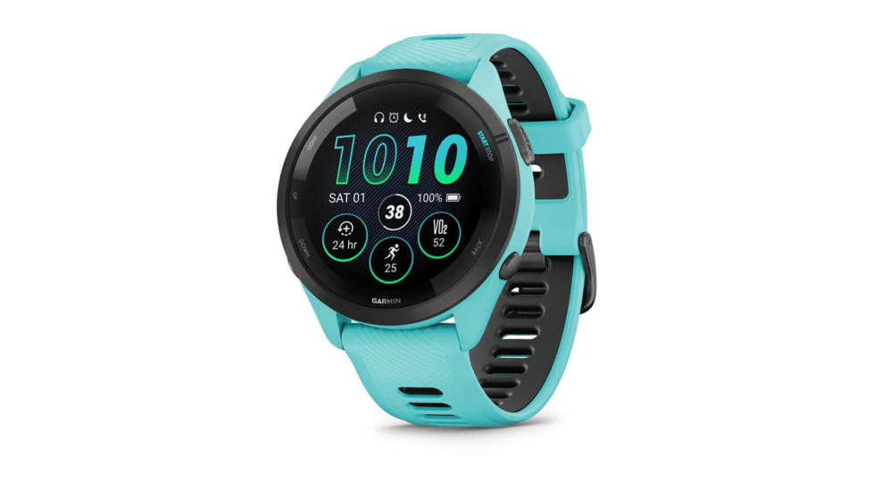 Garmin Forerunner 265 Watch, Black Bezel w/ Aqua Case and Aqua/Black Silicone Band, 010-02810-02