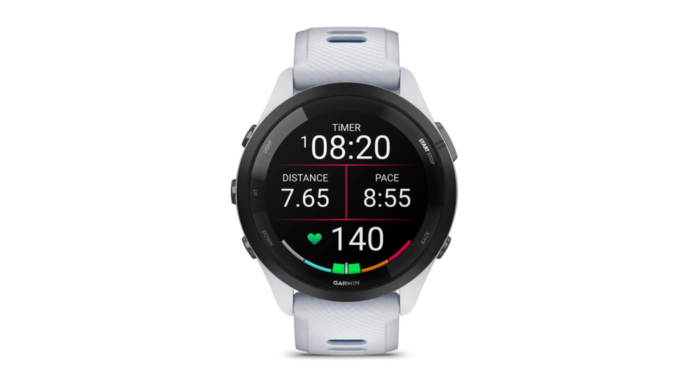 Garmin Forerunner 265 Watch, Black Bezel w/ Whitestone Case and Whitestone/Tidal Blue Silicone Band, 010-02810-01