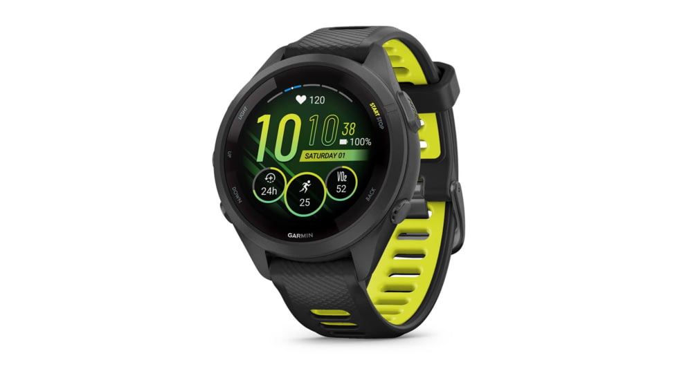Garmin Forerunner 265S Watch, Black Bezel and Case w/ Black/Amp Yellow Silicone Band, 010-02810-03