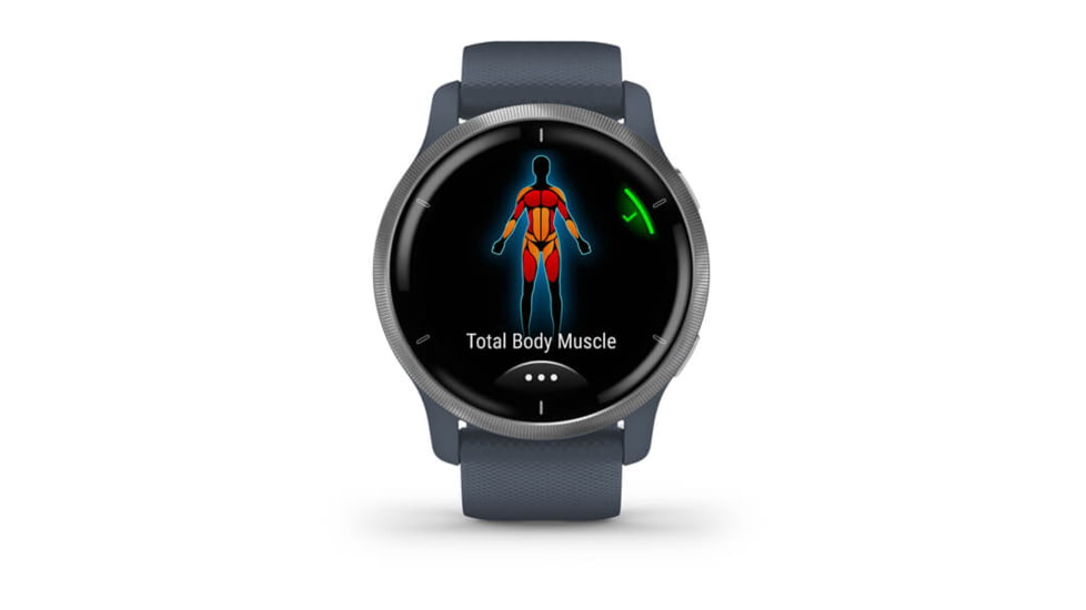 Garmin Venu 2 Watch, Silver Stainless Steel Bezel with Granite Blue Case and Silicone Band, Silver/Blue Granite, 010-02430-00