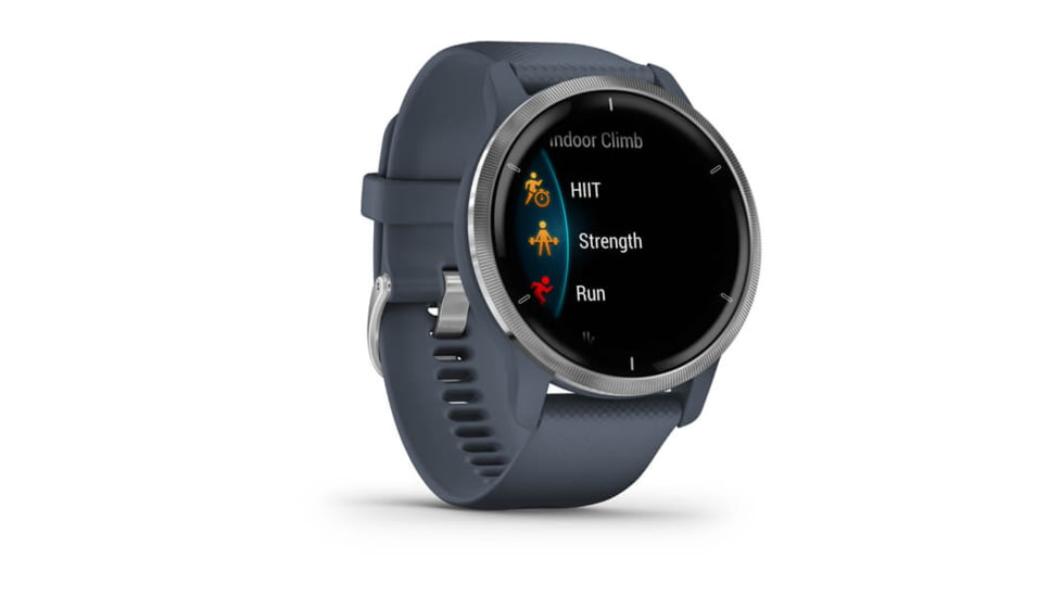 Garmin Venu 2 Watch, Silver Stainless Steel Bezel with Granite Blue Case and Silicone Band, Silver/Blue Granite, 010-02430-00