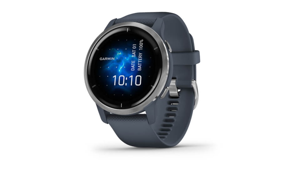Garmin Venu 2 Watch, Silver Stainless Steel Bezel with Granite Blue Case and Silicone Band, Silver/Blue Granite, 010-02430-00