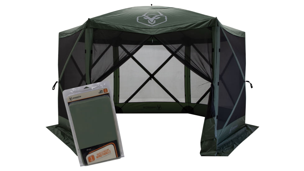 Gazelle G6 6-Sided Portable Gazebo Pop-Up Hub Screen Tent With 3 Pak of Wind Panels, Alpine Green, 8-Person, GK910