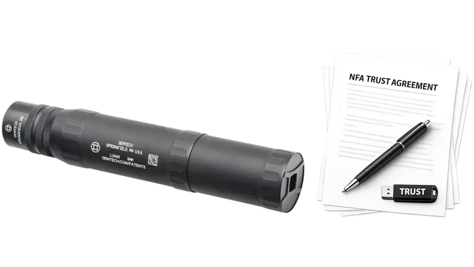 Gemtech Lunar 9QD 9mm Luger Suppressor, 1.4x7.65in, Black, w/ NFA Trust Registration, 100000231343-KIT1