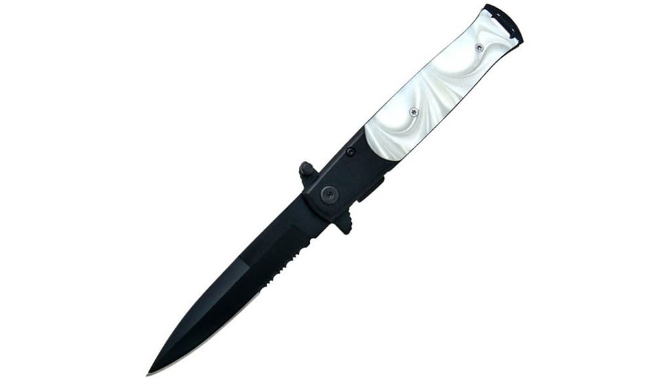 Gen Pro Stiletto Style Assisted Knife, Imitation White Mother of Pearl, Black Combo SK-8703