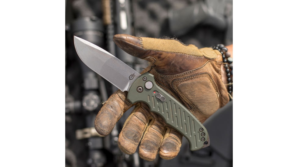 Gerber 06 Auto Automatic Folding Knife, 10-th Anniversary, 8.7 in Overall, 3.5 in S30V Plain Drop Point Stonewash Blade, G10 Olive Drab Handle, 30-001263